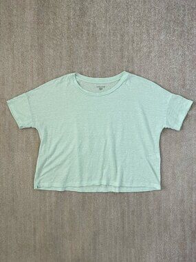 Eileen Fisher Linen Boxy Green Short Sleeve Knit Top S Petite Summer